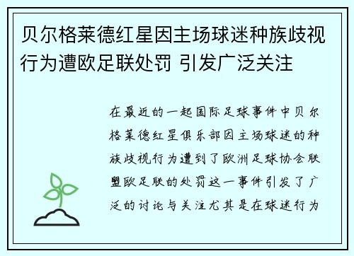 贝尔格莱德红星因主场球迷种族歧视行为遭欧足联处罚 引发广泛关注