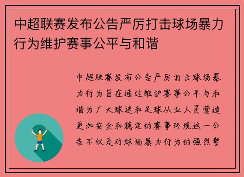 中超联赛发布公告严厉打击球场暴力行为维护赛事公平与和谐